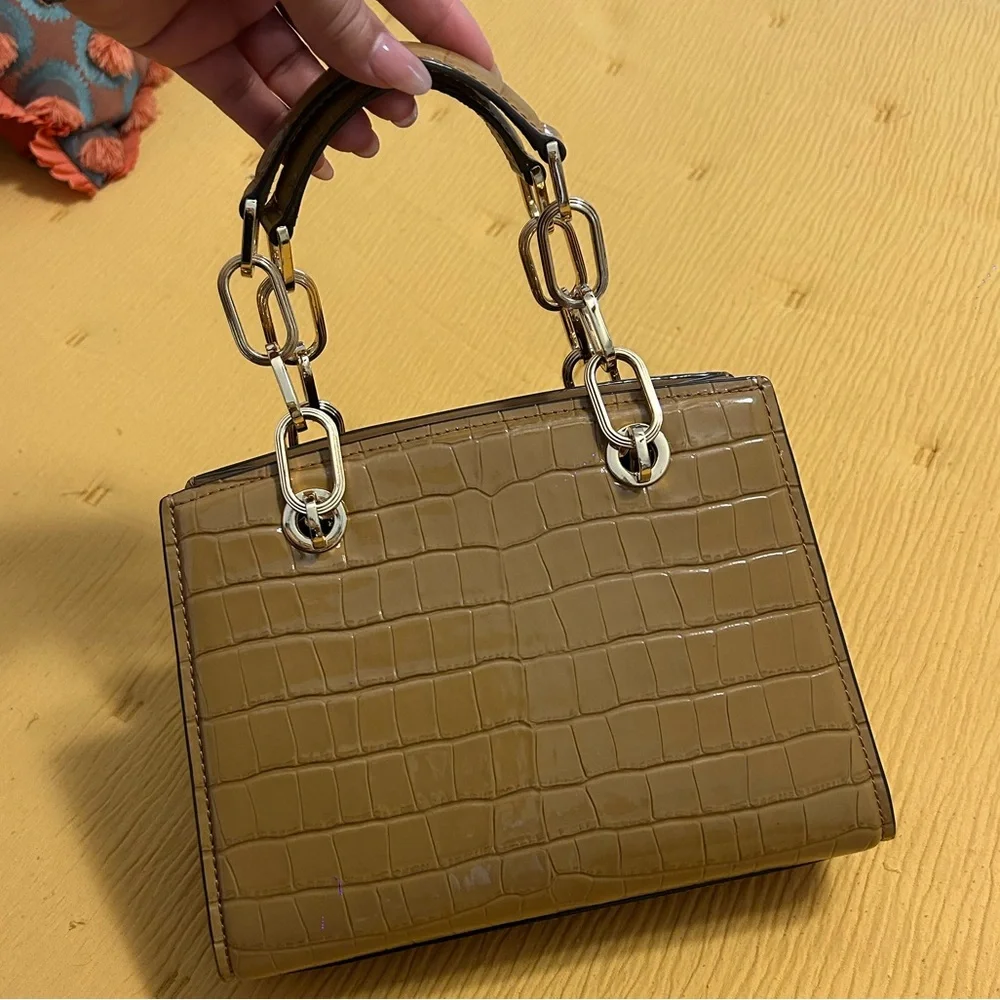 Michael Kors Cynthia Small Crocodile Embossed Leather Satchel - Pale Peanut - Picture 6 of 12